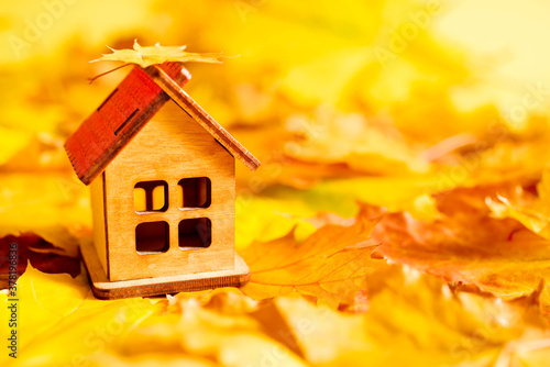 Small decorative wooden house on bright yellow autumn foliage, close up, copy space, soft focus. Conceptual image of buying, selling, renting real estate, housing, dreams of a house in the village photo