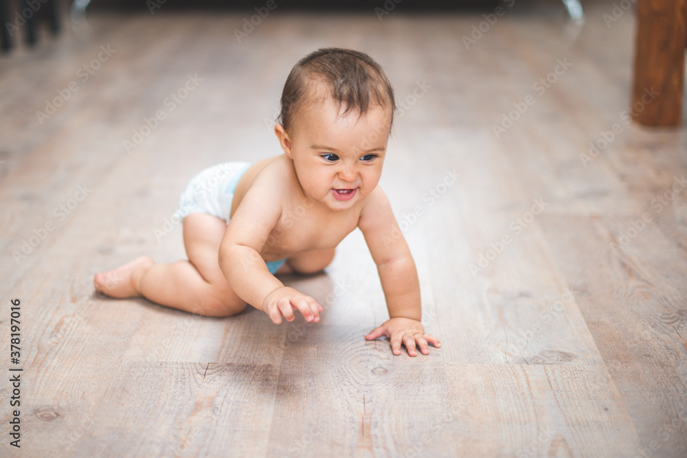 Small adorable infant standing on all fours on wooden floor at home. Small adorable infant standing on all fours on wooden floor at home.