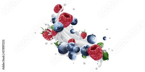 Blueberries and raspberries in splashes of milk or yogurt.