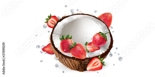 Coconut and strawberries in splashes of yogurt or milk.