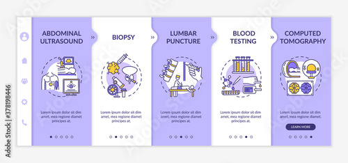Diagnostic procedures onboarding vector template. Professional medical examination, laboratory testing responsive mobile website with icons. Webpage walkthrough step screens. RGB color concept