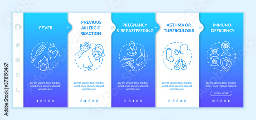 Vaccination contraindications and precautions onboarding vector template. Vaccine injection risks responsive mobile website with icons. Webpage walkthrough step screens. RGB color concept