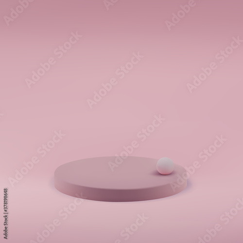 Pink circle podium small ball on a pink background. Stage for marketing display in studio, product show, cosmetic exhibition. 3d realistic vector illustration.
