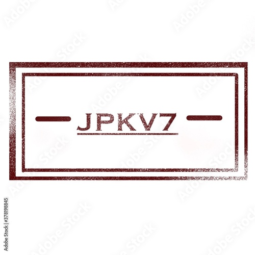 Napis JPKV7 jako pieczątka na białym tle, tekst
