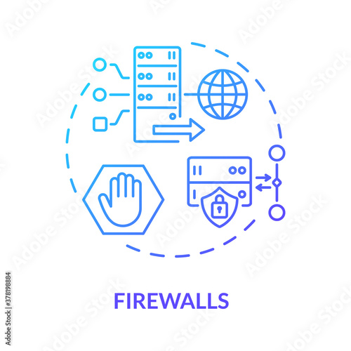 Firewalls concept icon. Unauthorized access prevention. Computing idea thin line illustration. Traffic flows control. Network security system. Vector isolated outline RGB color drawing