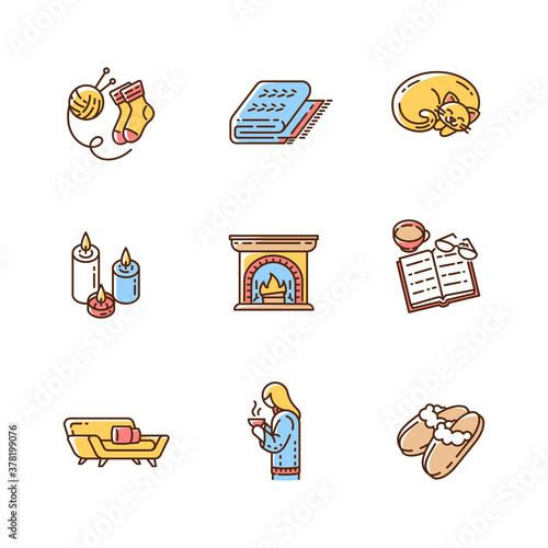 Hygge home RGB color icons set. Life simple pleasures. Increasing coziness feeling in house. Warm and plush things. Home decor. Comfortable conviviality. Isolated vector illustrations