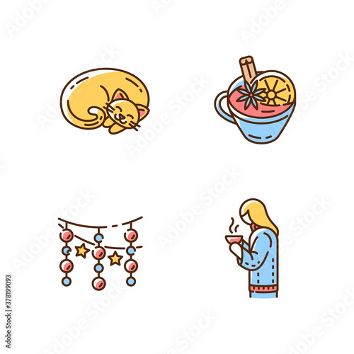 Hyggelig atmosphere RGB color icons set. Winter holiday hot drinks. Mulled wine. Sweater girl with mug. Christmas light garlands. Cat nap. Curled up kitten. Isolated vector illustrations