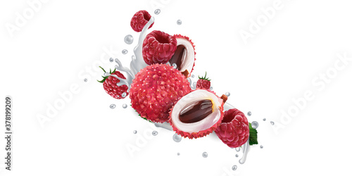 Lychee and raspberries in splashes of yogurt or milk.