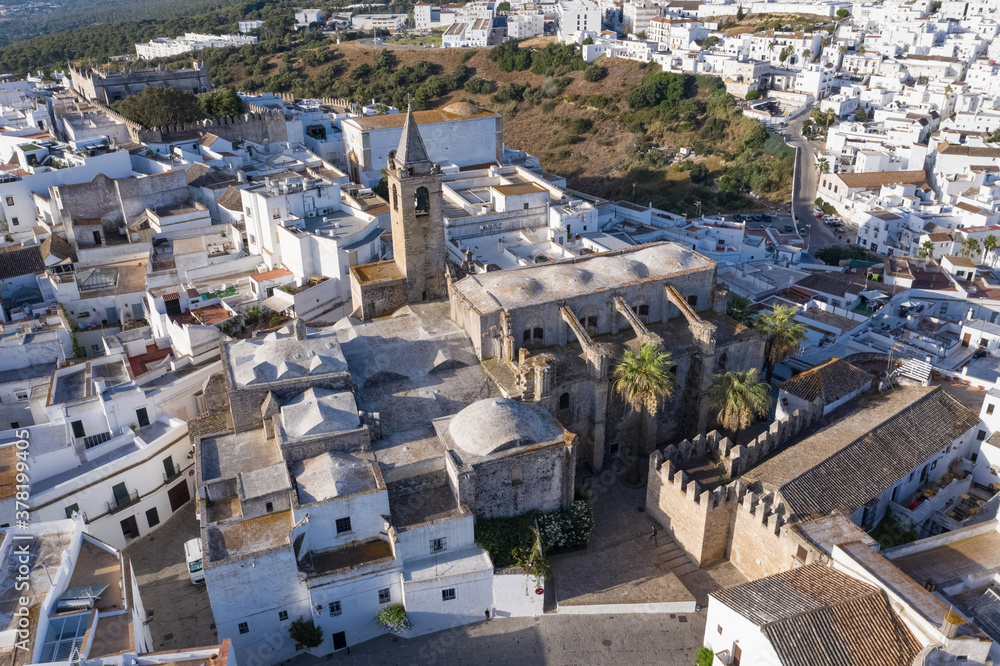 Aerial view of andalusian church in a white spanish town