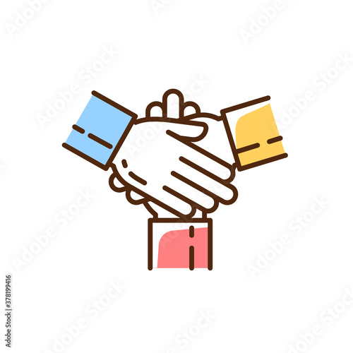 Friendly cooperation RGB color icon. Welcoming atmosphere. Frinedship, family support. Equality, unity and teamwork, partnership. Work in group. Problem solving. Isolated vector illustration