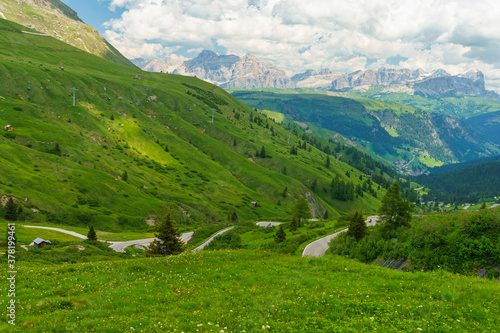 Mountain landscape along the road to Pordoi pass  Dolomites