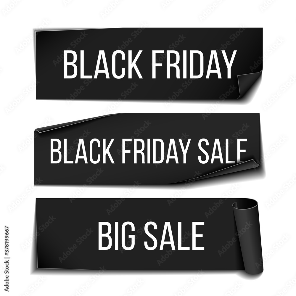 Black realistic curved paper banner ribbon for Black friday super sale. Black realistic curved paper banner ribbon for Black friday super sale.