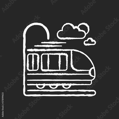 Coach car chalk white icon on black background. Modern railroad transportation, quick railway vehicle. Express commuter train, fast intercity travel. Isolated vector chalkboard illustration