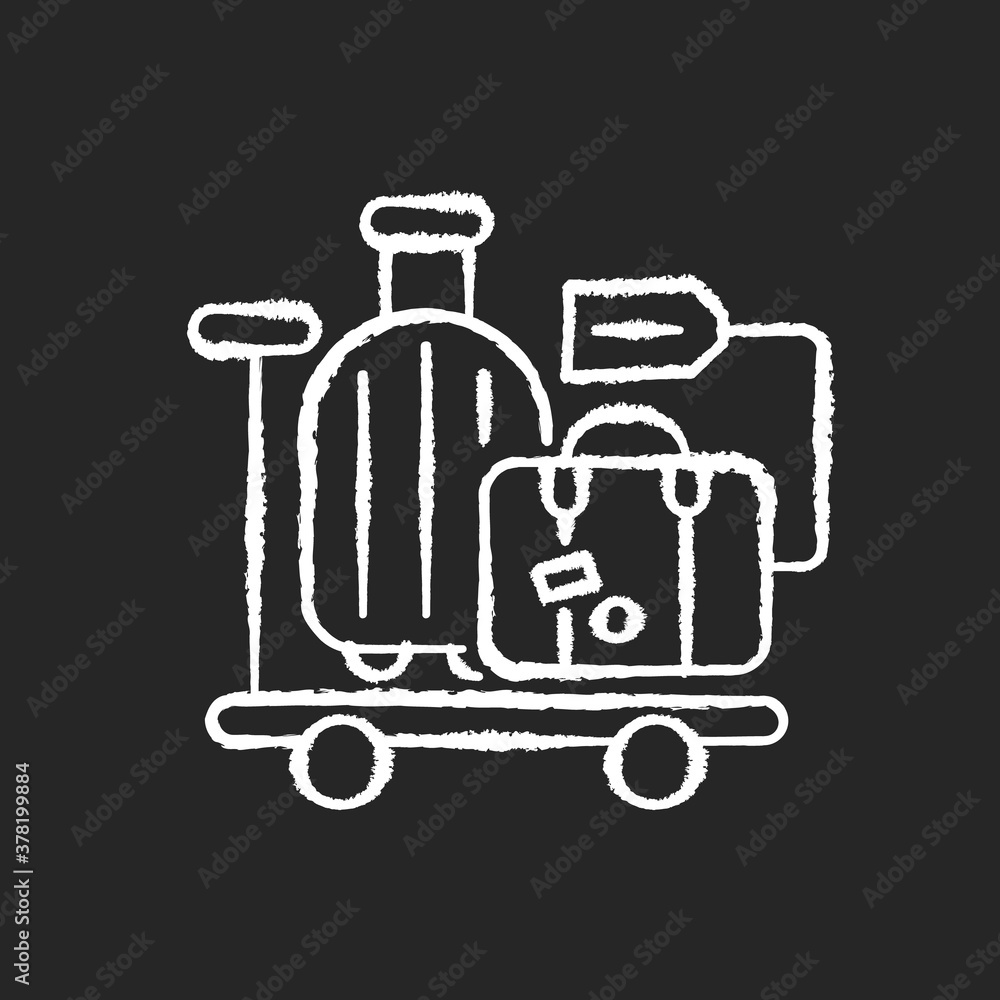 Baggage car chalk white icon on black background. Railway transportation, train service. Holiday trip, vacation. Passenger personal belongings, suitcases isolated vector chalkboard illustration Baggage car chalk white icon on black background. Railway transportation, train service. Holiday trip, vacation. Passenger personal belongings, suitcases isolated vector chalkboard illustration