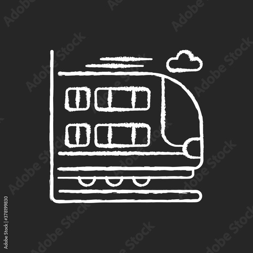 Bilevel train chalk white icon on black background. Double decker rail car. Modern railway transport,. Large commuter train. Railroad vehicle with two levels isolated vector chalkboard illustration