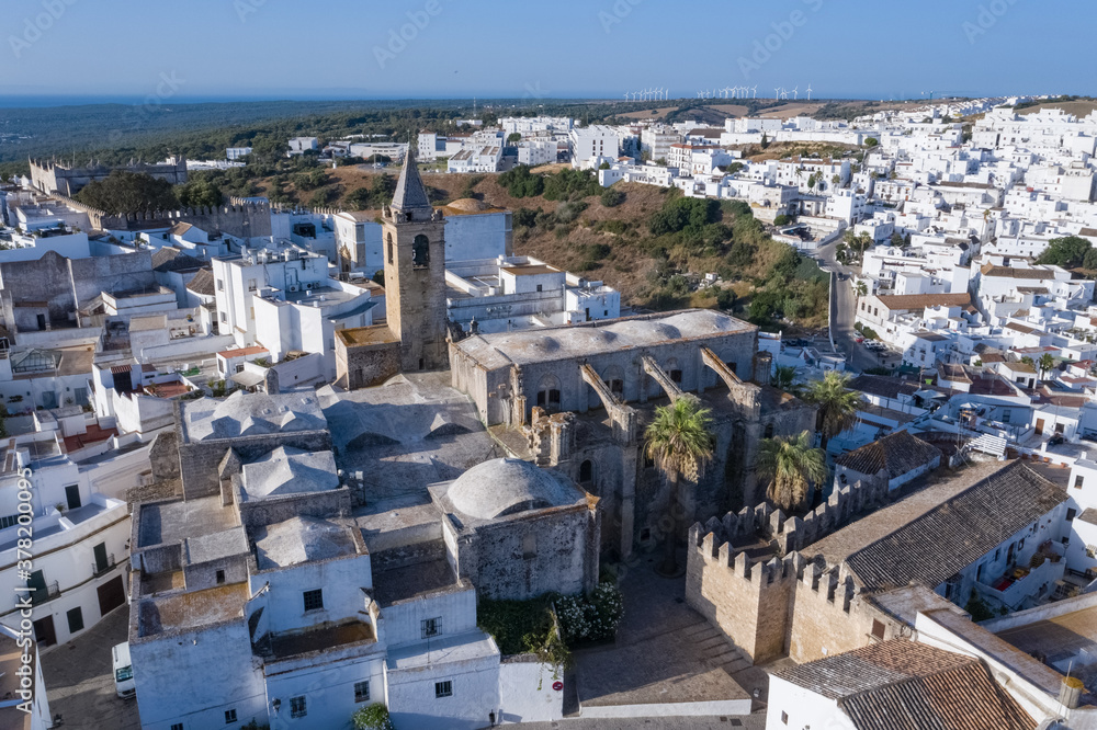 Streets of a spanish typical white Andalusian town seen from above aerial view