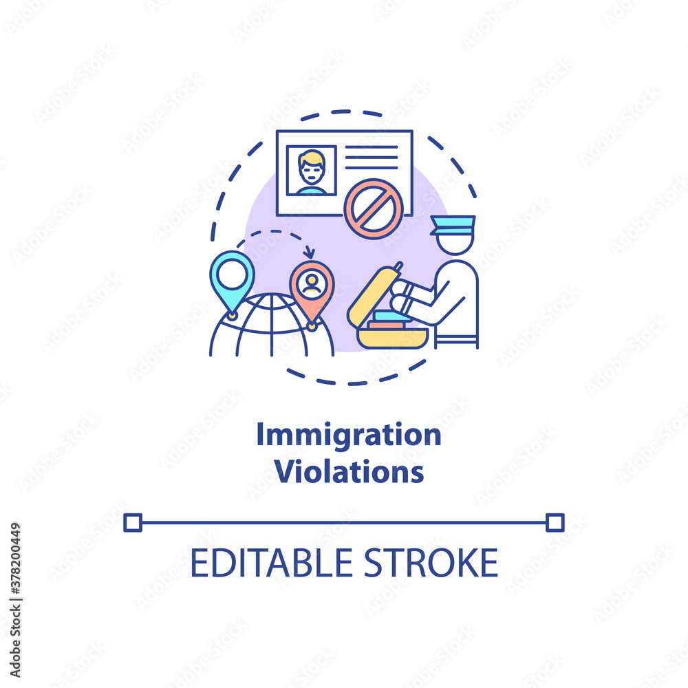 Immigration violations concept icon. Border crossing control system. Biometrics security technologies ideas idea thin line illustration. Vector isolated outline RGB color drawing. Editable stroke