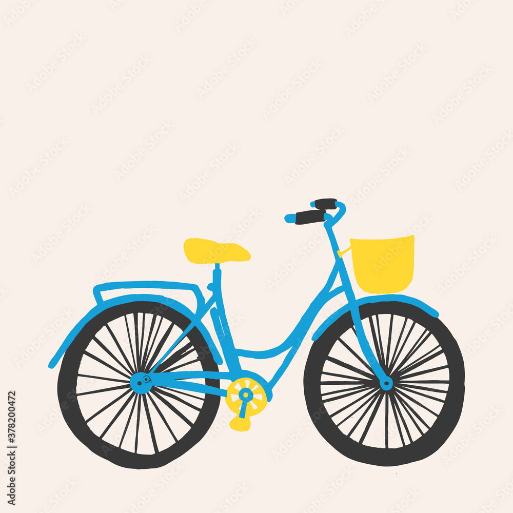 Fototapeta premium Vector hand drawn city bike in flat style. Bicycle with step-through blue frame and front wicker yellow basket