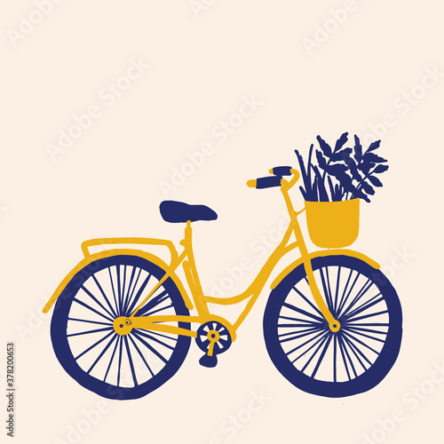 Fototapeta Naklejka Na Ścianę i Meble -  Vector hand drawn city bike in flat style. Bicycle with step-through frame and front wicker basket and flowers, herbs in it.