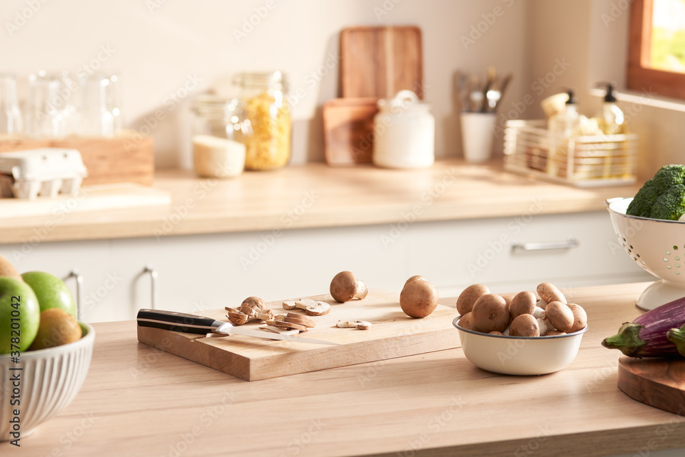custom made wallpaper toronto digitalChopped mushroom near fruits and vegetables in kitchen