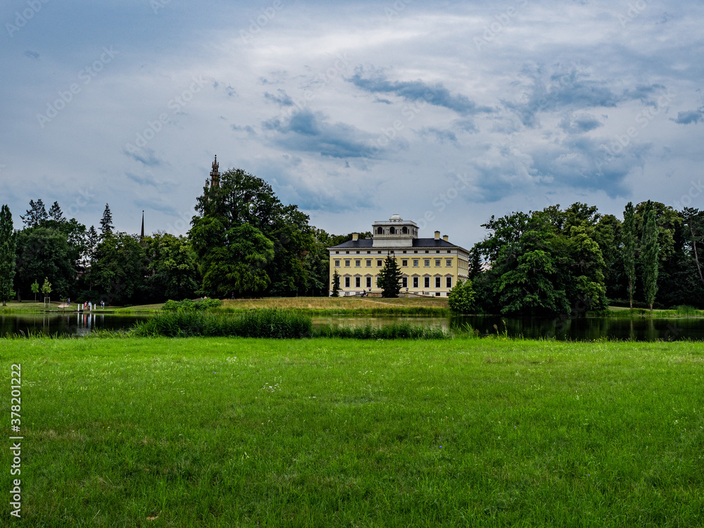 Gartenreich, Wörlitz, Germany, 27 July 2020. Idyllic landscape of formal gardens, trees, lakes and lawns in the Eastern part of Germany. Unesco world heritage site.