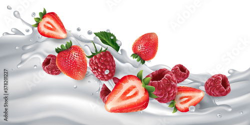 Strawberries and raspberries on a yogurt or milk wave.