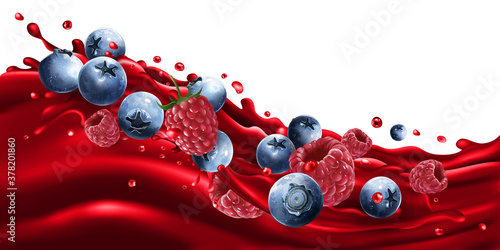 Blueberries and raspberries on a fruit juice wave.