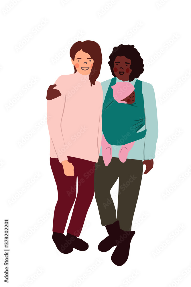 Happy gay family with baby. Two mothers have infant child. Multiracial couple. Adoption baby concept. Flat vector illustration perfect for card, t shirt print, paper Happy gay family with baby. Two mothers have infant child. Multiracial couple. Adoption baby concept. Flat vector illustration perfect for card, t shirt print, paper