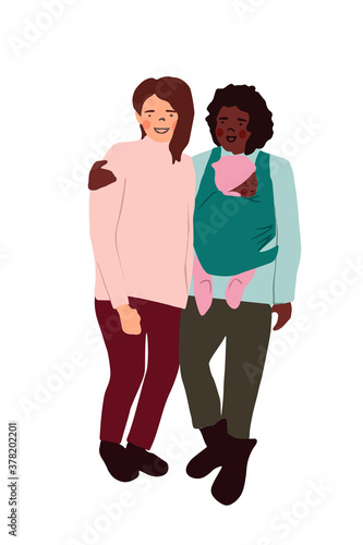 Happy gay family with baby. Two mothers have infant child. Multiracial couple. Adoption baby concept. Flat vector illustration perfect for card, t shirt print, paper