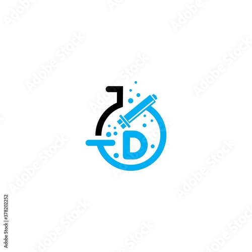 Microscope icon d letter logo in flat style.Laboratory d letter Logo.Icon of chemical laboratory flask with bubbling liquid.test tube icon With gray and sky color.