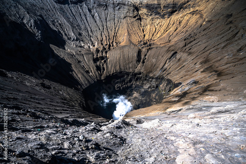 Bromo crater up close with smoke photo