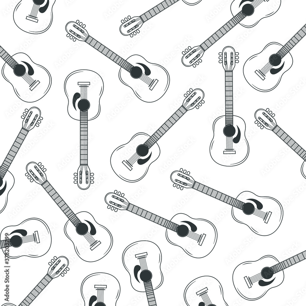 Fototapeta premium Pattern with guitars in line art set differently for background and wallpapers - for musical projects with elegant design.