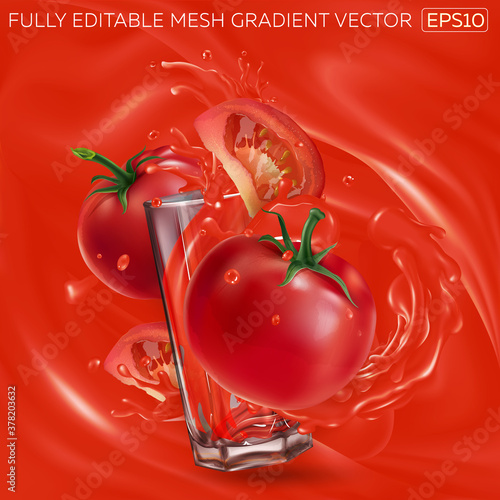 Tomatoes and a glass with splashing tomato juice.