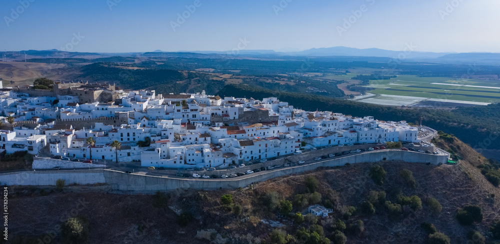 Naklejka premium Aerial bird view of the andalusian white town on mountain, Vejer de la Frontera