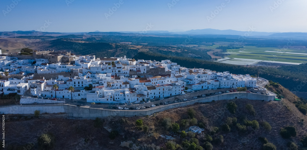 Aerial bird view of the andalusian white town on mountain, Vejer de la Frontera