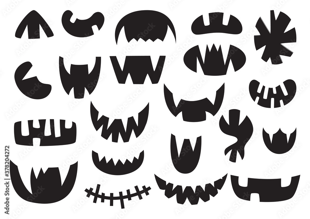 Halloween pumpkins carved mouths silhouettes collection Black and white shapes isolated on white background