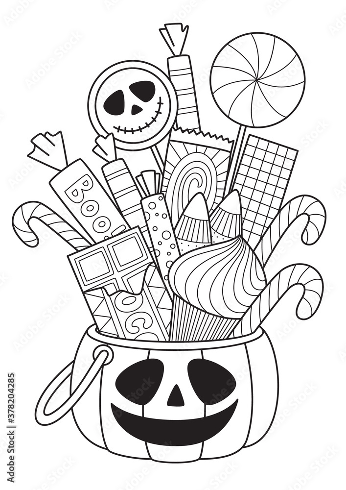 Halloween pumpkin with candies doodle coloring book page. Antistress ...
