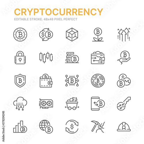 Collection of cryptocurrency related line icons. 48x48 Pixel Perfect. Editable stroke