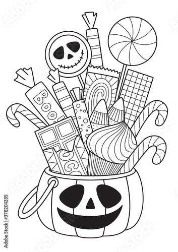 Halloween pumpkin with candies doodle coloring book page. Antistress for adults. Outline black and white illustration.