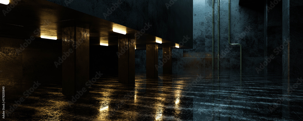 dark industrial grunge architecture 3d render illustration with concrete buildings and artificial lighting dark industrial grunge architecture 3d render illustration with concrete buildings and artificial lighting