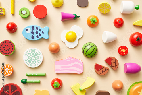 Various multicolored toy food for kids