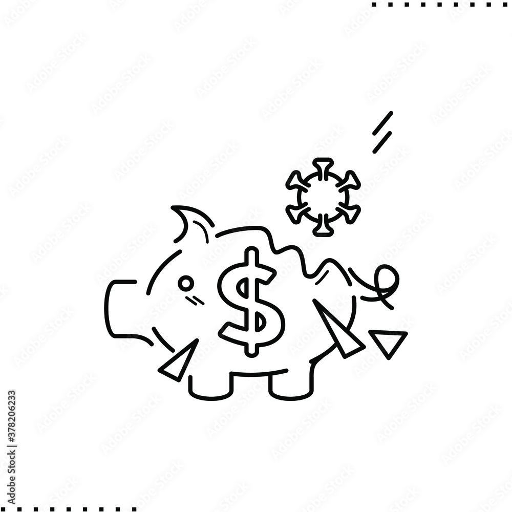 pandemic hit: falling Covid-19 virus and crash piggy bank with dollar sign vector icon in outlines pandemic hit: falling Covid-19 virus and crash piggy bank with dollar sign vector icon in outlines