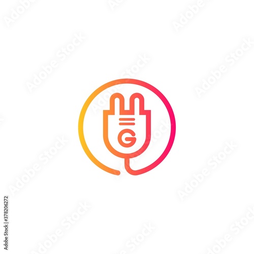 electric plug icon g letter logo with gradient. Blue and sky gradient simple vector line art electric plug logo in a round frame