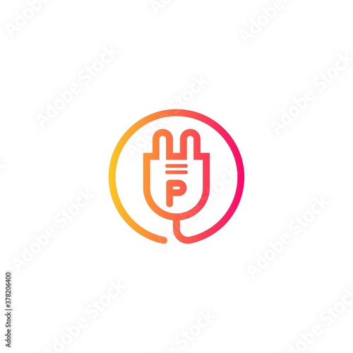 electric plug icon p letter logo with gradient. Blue and sky gradient simple vector line art electric plug logo in a round frame