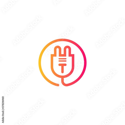 electric plug icon t letter logo with gradient. Blue and sky gradient simple vector line art electric plug logo in a round frame