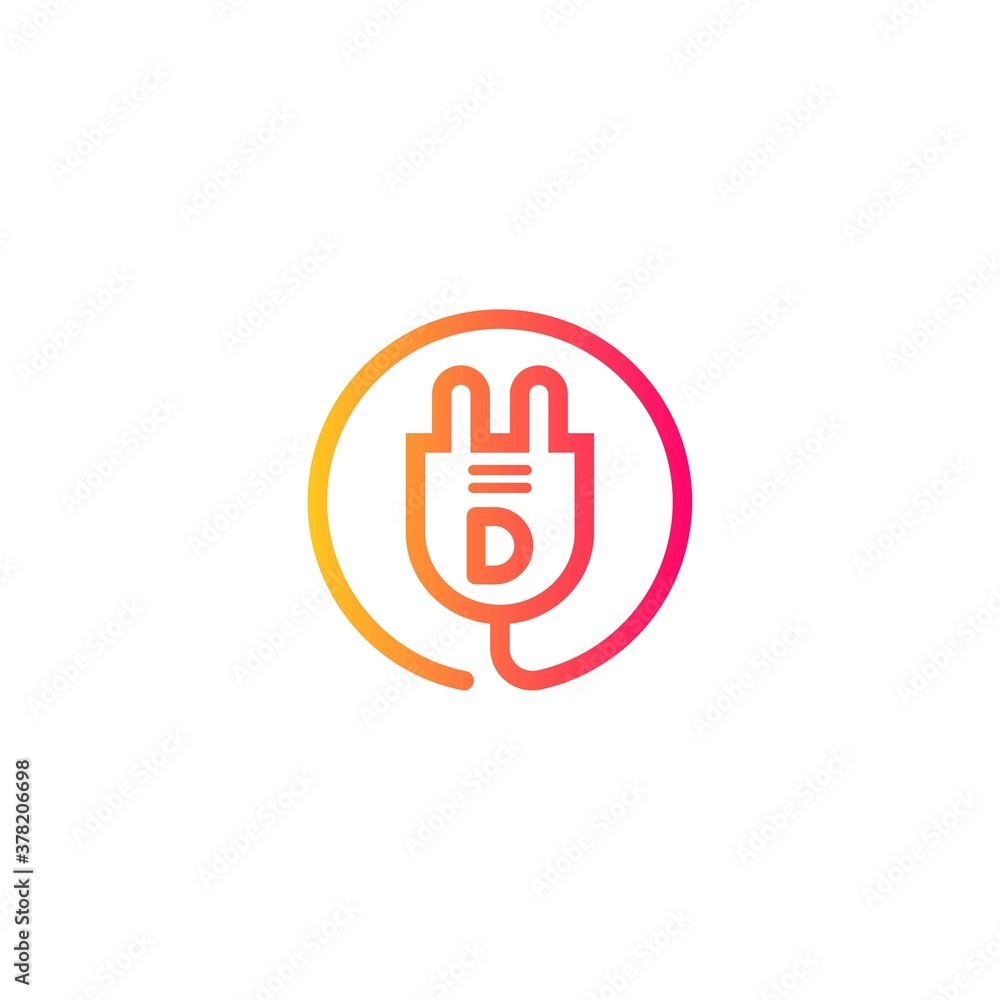 electric plug icon d letter logo with gradient. Blue and sky gradient simple vector line art electric plug logo in a round frame electric plug icon d letter logo with gradient. Blue and sky gradient simple vector line art electric plug logo in a round frame