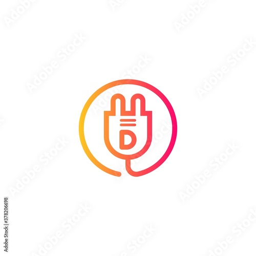 electric plug icon d letter logo with gradient. Blue and sky gradient simple vector line art electric plug logo in a round frame
