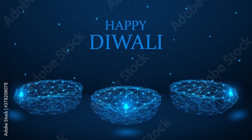 Happy Diwali. Diya lamps lit in the night under the starry sky. Low-poly construction of concatenated lines and dots. Blue background.