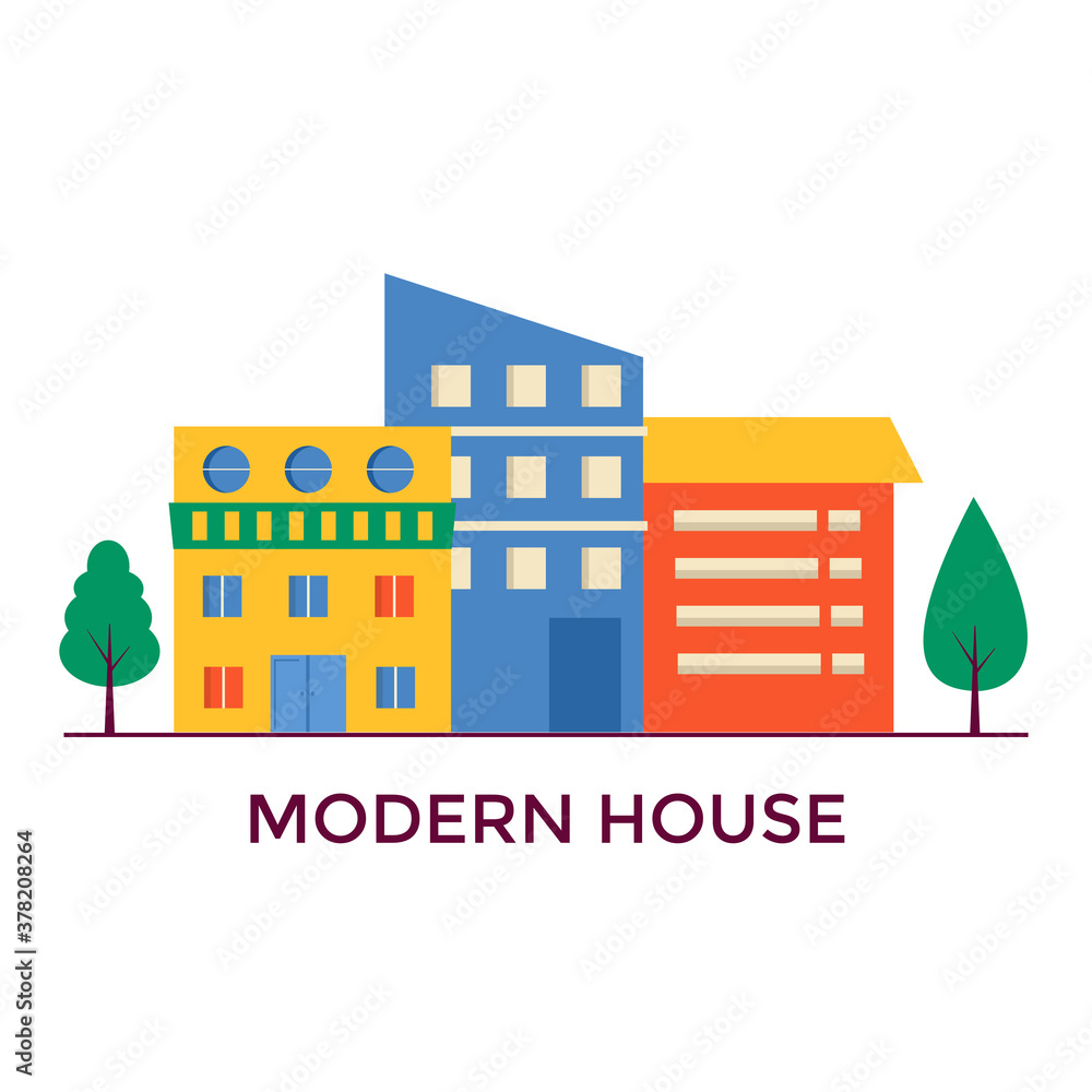 Obraz premium Small modern houses facade with window, garage, balcony and roof. Exterior of building apartment with trees. Vector cityscape illustration. simple background in geometric style