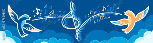 Music banner. Treble clef  transforms into stave. Two birds sing song in the sky. Concept for music event, concert, festival